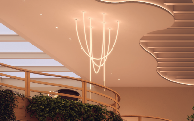 PureEdge Lighting. PC. TRAPEZE PIROUETTE CASCADE CHANDELIER ROUND 24VDC, STATIC WHITE, WARM DIM, TUNABLE WHITE, & TRUCOLOR.