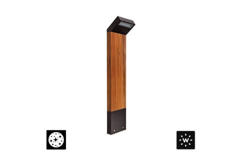 Designplan. Plin Wood 1.1 LED Bollard, Weather-Resistant Teak, 23.6'' h, 12W, 558 lm, 24VDC, IP65.