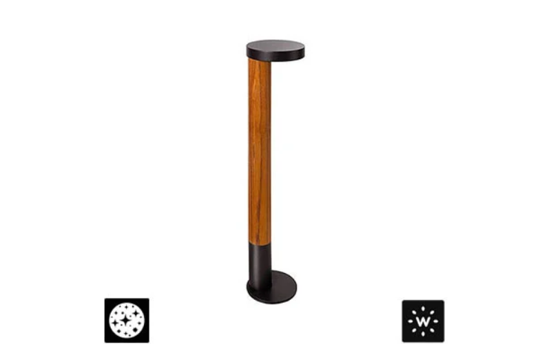 Designplan. Plin Round Wood 5.1 LED Bollard, Weather-Resistant Teak, 23.0'' h, 8W, 173 lm, IP65.