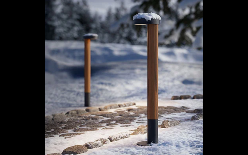 Designplan. Plin Round Wood 5.1 LED Bollard, Weather-Resistant Teak, 23.0'' h, 8W, 173 lm, IP65.