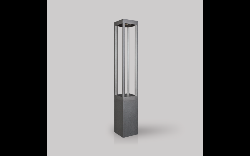 Luminis. LQ627. Lumiquad 6'' square profile bollard with struts and direct light source.