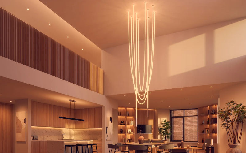 PureEdge Lighting. PC. TRAPEZE PIROUETTE CASCADE CHANDELIER ROUND 24VDC, STATIC WHITE, WARM DIM, TUNABLE WHITE, & TRUCOLOR.