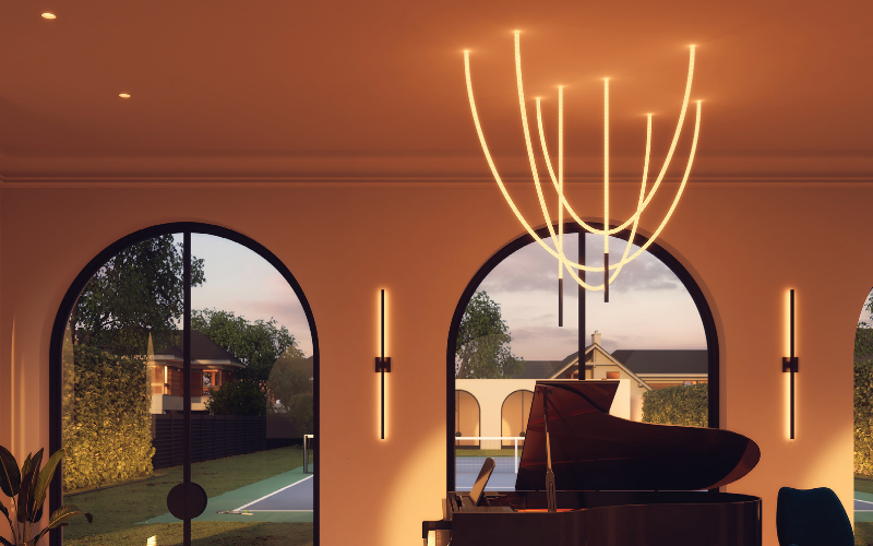 PureEdge Lighting. WCP. TRAPEZE WAVE CASCADE CHANDELIER OVAL 24VDC, STATIC WHITE & WARM DIM WITH REMOTE UNI POWER SUPPLY.