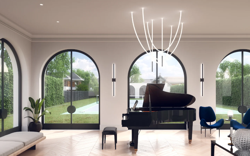 PureEdge Lighting. WCP. TRAPEZE WAVE CASCADE CHANDELIER OVAL 24VDC, STATIC WHITE & WARM DIM WITH REMOTE UNI POWER SUPPLY.