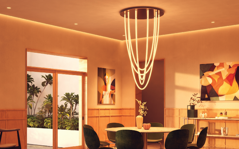 PureEdge Lighting. PC. TRAPEZE PIROUETTE CHANDELIER ROUND WITH CANOPY 24VDC, STATIC WHITE, WARM DIM, TUNABLE WHITE, & TRUCOLOR.